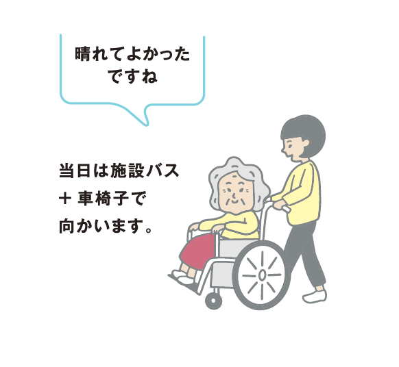 当日は施設バス+車椅子で向かいます。